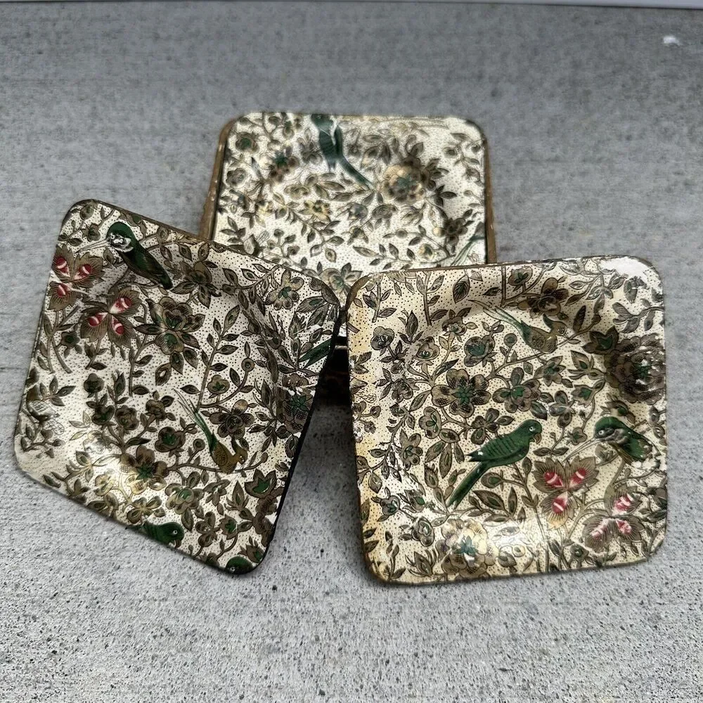 Vtg MCM Alcohol Proof Japan Coaster Set of 8 Floral Birds Paper Mache Barware‎